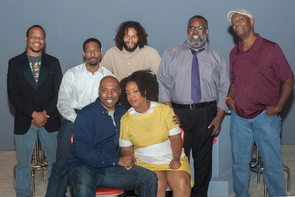 Cast of Two Trains Running. Back: Jaz Tucker, Minware Tutu, Jeremy Thomas, Archie Coleman, and Don McClendon. Front: Erick Lindsey and Jazmine Wade. Photo by John Lamb 1