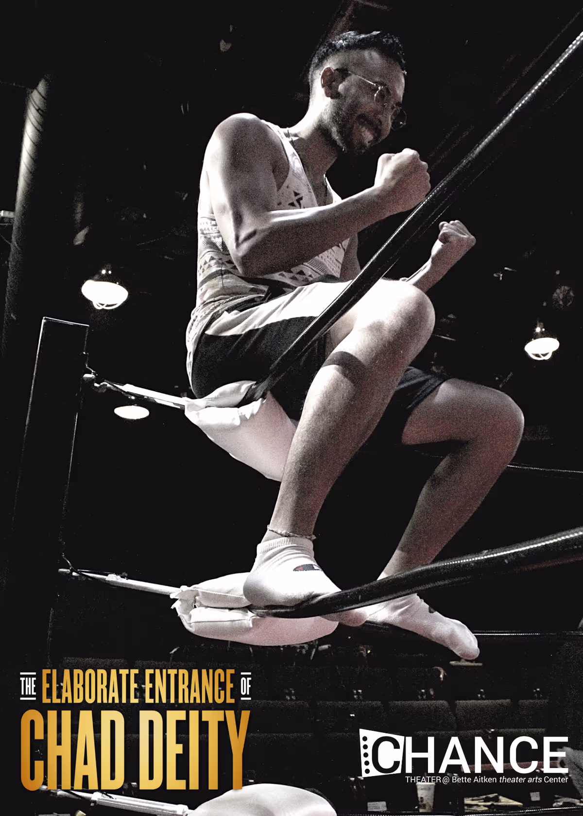 RJ Navarra Balde II is pumped up during rehearsal for the OC premier of Kristoffer Diaz's Pulitzer Prize Finalist play, "The Elaborate Entrance of Chad Deity." Directed by Jeremy Aluma, this high-octane comedy-drama will play September 23 - October 23, 2022 at Chance Theater in Anaheim, CA. 