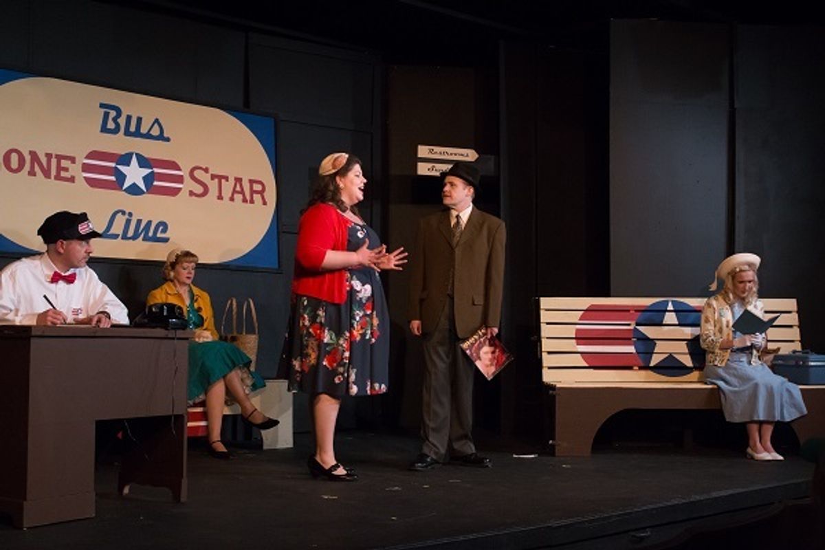 The cast in the Houston bus station setting of THE TRIP TO BOUNTIFUL at Curtain Players. (Photo: Jerri Shafer)