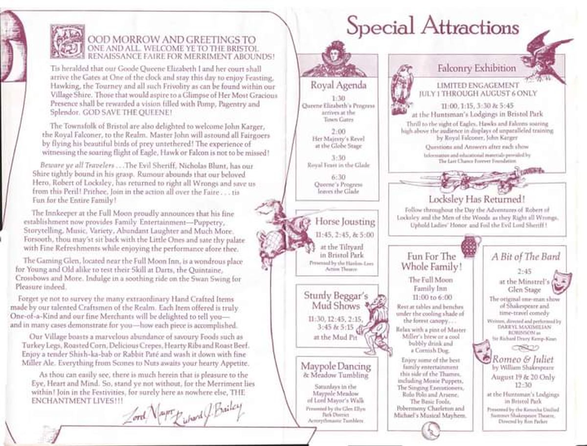 SPECIAL ATTRACTIONS LISTING: The Place, The Time and The Actor Darryl Maximilian Robinson as His Most Revered Lordship, Sir Richard Drury Kemp-Kean in "A Bit of the Bard" at the 1989 Bristol Renaissance Faire of Kenosha, Wisconsin. SPECIAL ATTRACTIONS LISTING: The Place, The Time and The Actor Darryl Maximilian Robinson as His Most Revered Lordship, Sir Richard Drury Kemp-Kean in "A Bit of the Bard" at the 1989 Bristol Renaissance Faire of Kenosha, Wisconsin.