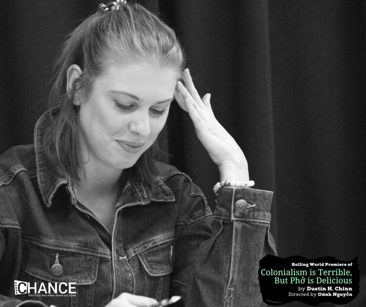Chloe Gay Brewer at the first read-thru for the rolling world premiere of "Colinialism is Terrible, But Phở is Delicious" at Chance Theater. Photo by Casey Long.