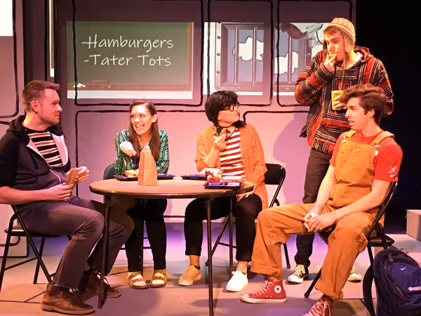 Scene from Dog Sees God at Roxy's Downtown.  Pictured are Max Wilson, Sarah Wine, Ashley Lauren, Sam Warner and Austin Ragusin. 4
