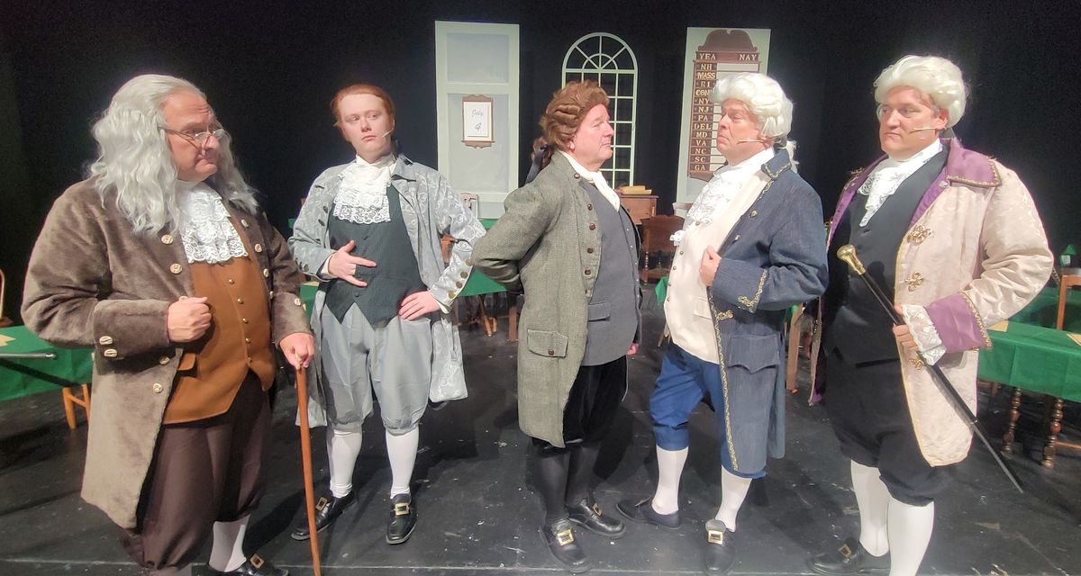 Pictured here from left in a scene from CLT''s production of ''1776'' are Roger Philippon (Ben Franklin), Grayson Smith (Thomas Jefferson), Mark Dils (John Adams), John Blanchette (John Dickinson), and G Pictured here from left in a scene from CLT''s production of ''1776'' are Roger Philippon (Ben Franklin), Grayson Smith (Thomas Jefferson), Mark Dils (John Adams), John Blanchette (John Dickinson), and G