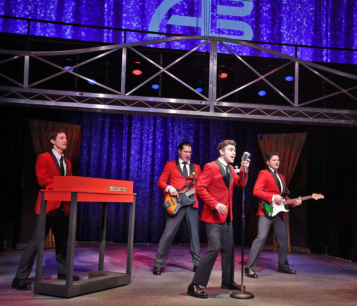 The Four Seasons perform Sherry on American Bandstand in Jersey Boys, now on stage at Beef & Boards Dinner Theatre. The Four Seasons perform Sherry on American Bandstand in Jersey Boys, now on stage at Beef & Boards Dinner Theatre.