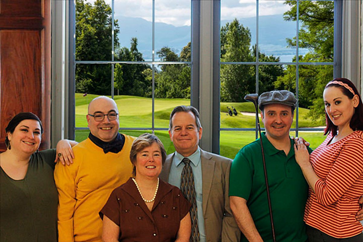The cast of A Fox On The Fairway from Left to Right: Emilienne Ouellette, Erik Hyatt, Jeralyn Shattuck, Bart Shattuck, Tim Croce, Bee Tyler