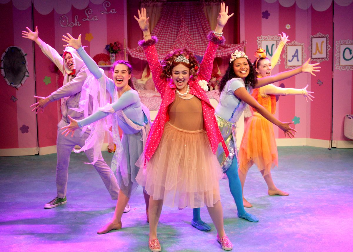 Jaylen Baham as Lionel, Gabbie Adner as Rhonda, Jillian Batt as Nancy, Juliet Parker as Bree, and Alyssa Corella as Wanda in Chance Theater's TYA production of "Fancy Nancy, The Musical". Playing through June 19, 2022, this musical adaptation of the popular book series has book and lyrics by Susan DiLallo, music and lyrics by Danny Abosch, and is directed by Laura M. Hathaway and music directed by Robyn Manion. Photo by Doug Catiller.