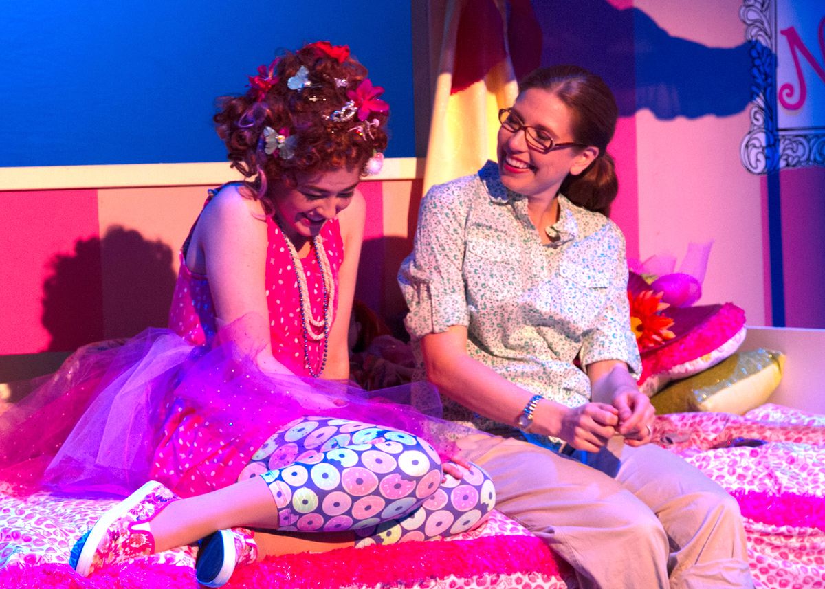 Jillian Batt as Nancy and Erika C. Miller as Mrs. Clancy in Chance Theater's TYA production of "Fancy Nancy, The Musical". Playing through June 19, 2022, this musical adaptation of the popular book series has book and lyrics by Susan DiLallo, music and lyrics by Danny Abosch, and is directed by Laura M. Hathaway and music directed by Robyn Manion. Photo by Doug Catiller.