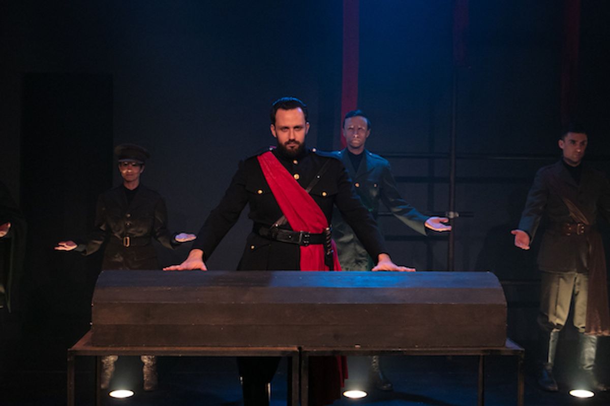 Foreground: Faqir Hassan (Brutus) With Cynthia Boorujy (Metellus), Paul Turbiak (Cassius), John Ellsworth Phillips (Cinna) Photo credit: Grettel Cortes Foreground: Faqir Hassan (Brutus) With Cynthia Boorujy (Metellus), Paul Turbiak (Cassius), John Ellsworth Phillips (Cinna) Photo credit: Grettel Cortes