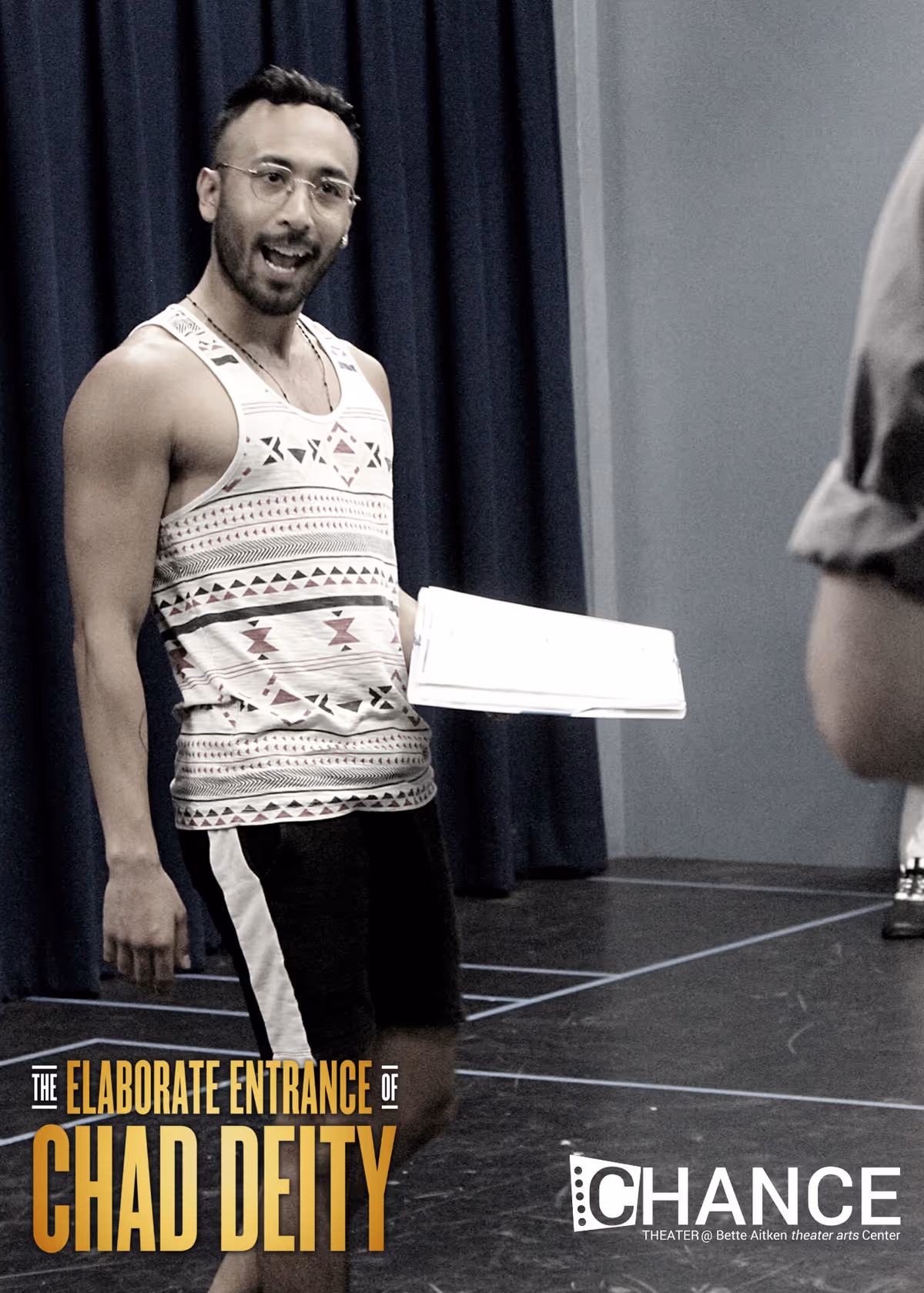 RJ Navarra Balde II as Vigneshwar Paduar  in rehearsals for the OC premier of Kristoffer Diaz's Pulitzer Prize Finalist play, "The Elaborate Entrance of Chad Deity." Directed by Jeremy Aluma, this high-octane comedy-drama will play September 23 - October 23, 2022 at Chance Theater in Anaheim, CA. 