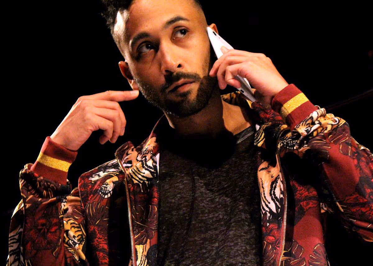 RJ Navarra Balde II in Chance Theater's OC premier of "The Elaborate Entrance of Chad Deity." Playing September 23 - October 23, 2022 at Bette Aitken theater arts Center on the Cripe Stage. Written by Kristoffer Diaz, Directed by Jeremy Aluma, Fight Direction by Martin Noyes. Photo by Camryn Long