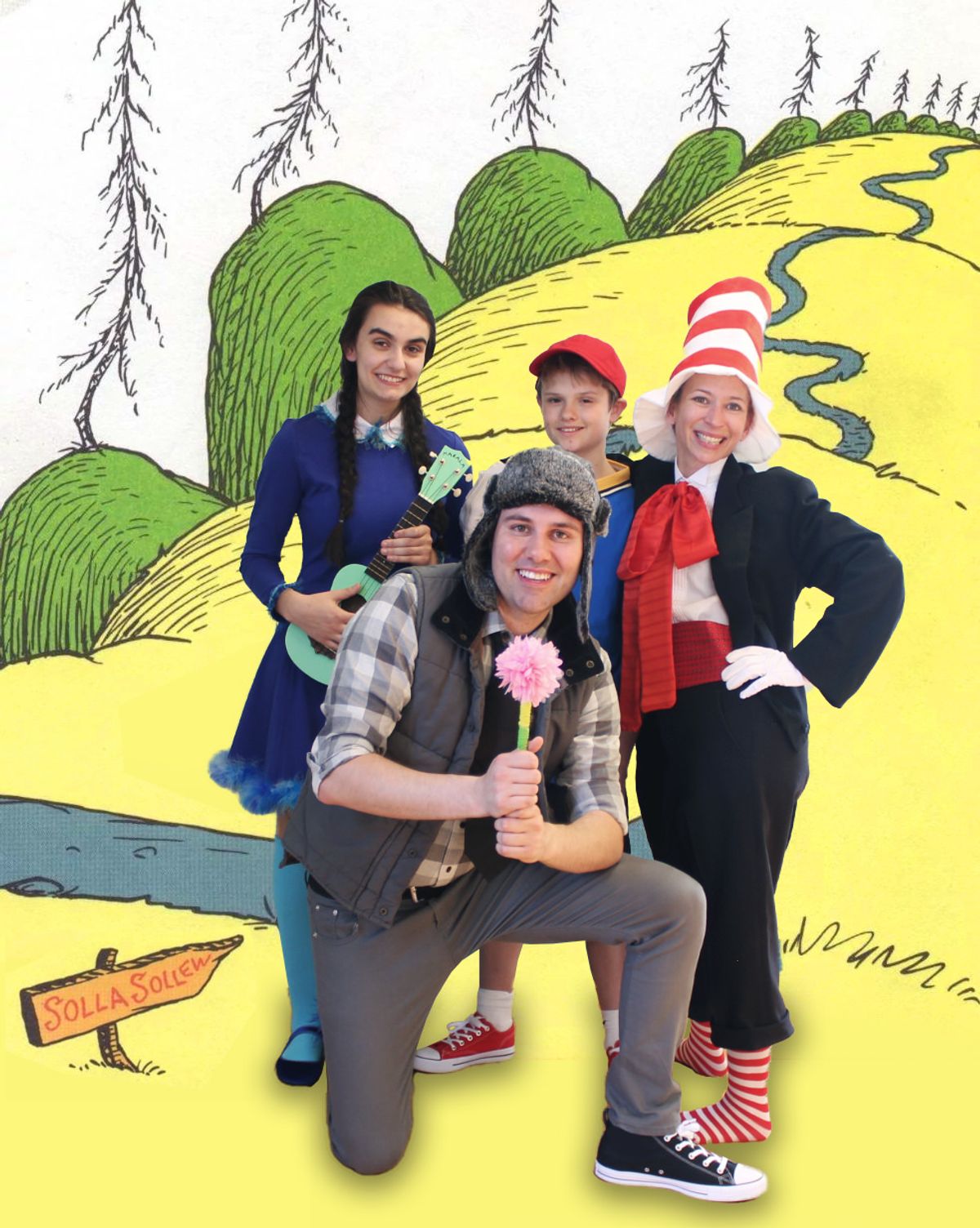 Your cast of Seussical includes (Pictured Left to Right): Emily Goulette as Gertrude McFuzz; Adam P. Blais as Horton the Elephant; Andrew Lyndaker as Jojo; and Rebecca Singer as The Cat in the Hat! Your cast of Seussical includes (Pictured Left to Right): Emily Goulette as Gertrude McFuzz; Adam P. Blais as Horton the Elephant; Andrew Lyndaker as Jojo; and Rebecca Singer as The Cat in the Hat!