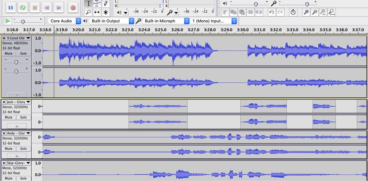Putting It Together
The final step was editing all of the recordings together to create a finished product. This entailed carefully combing the takes to find the ones with the right intentions, the clearest sounds, and the best pitches that would work together to tell this story, and then splicing, deleting, and cleaning them up using Audacity as a sound editing software. The result was Glory Days - A Musical Audio Drama! Enjoy! Putting It Together
The final step was editing all of the recordings together to create a finished product. This entailed carefully combing the takes to find the ones with the right intentions, the clearest sounds, and the best pitches that would work together to tell this story, and then splicing, deleting, and cleaning them up using Audacity as a sound editing software. The result was Glory Days - A Musical Audio Drama! Enjoy!