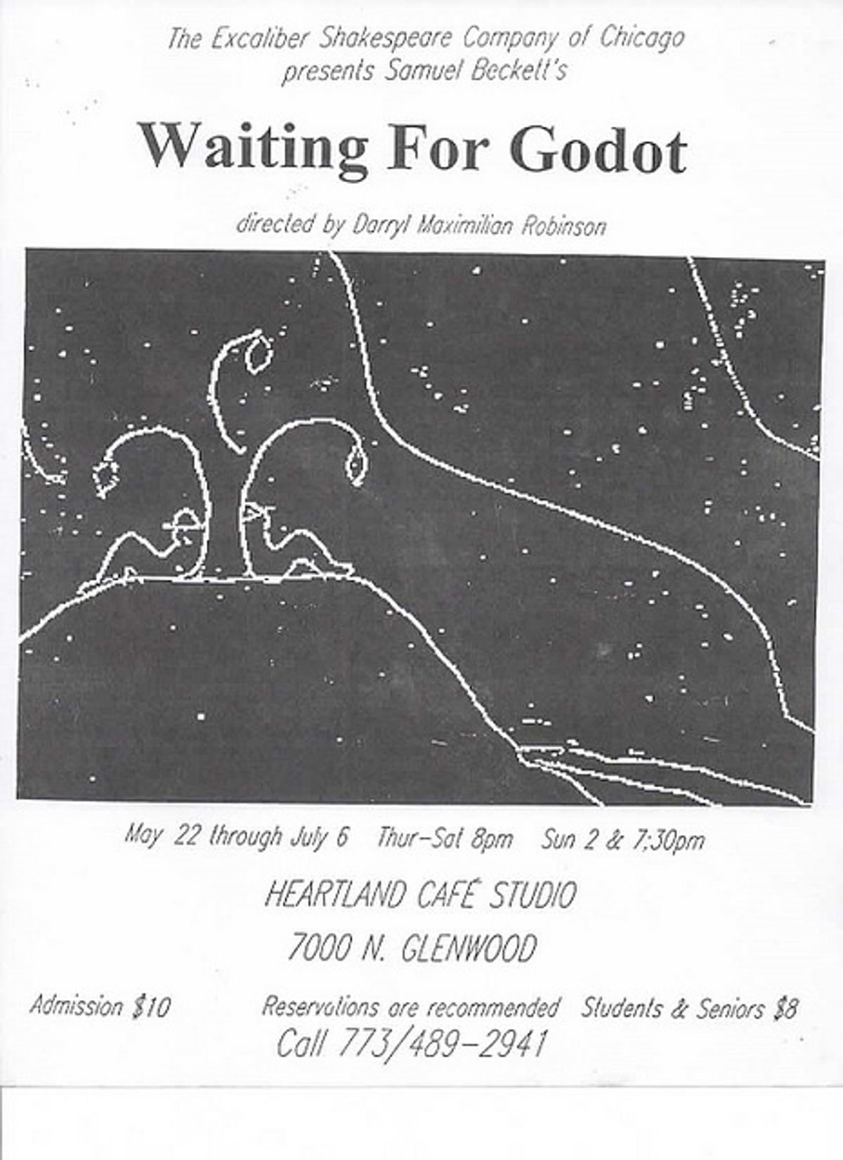 A CHICAGO "GODOT" PROGRAM COVER!: 1997 Excaliber Shakespeare Company of Chicago program cover for Director Darryl Maximilian Robinson's revival staging of Samuel Beckett's "Waiting For Godot" at The Heartland Cafe Studio Theatre in Chicago, Illinois by Kym Crawford. A CHICAGO "GODOT" PROGRAM COVER!: 1997 Excaliber Shakespeare Company of Chicago program cover for Director Darryl Maximilian Robinson's revival staging of Samuel Beckett's "Waiting For Godot" at The Heartland Cafe Studio Theatre in Chicago, Illinois by Kym Crawford.