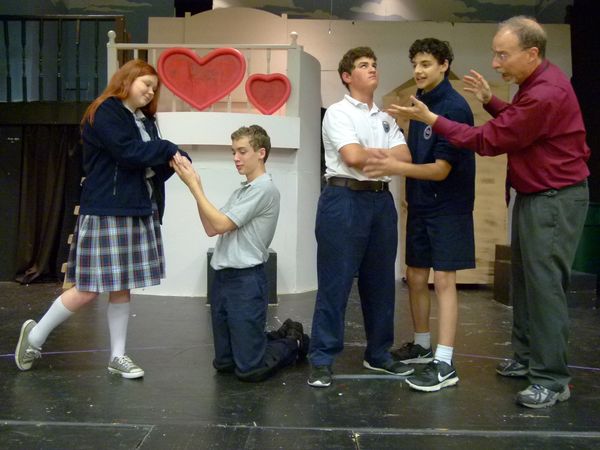 From Left to Right:
Olivia Fant (8th grader), as "Fiona"
Chandler Norman (7th grader), as "Lord Farquaad"
C J Romano (8th grader), as "Shrek"
Justin Boackle (7th grader), as "Donkey"
Michael R. Bridges, Director 1