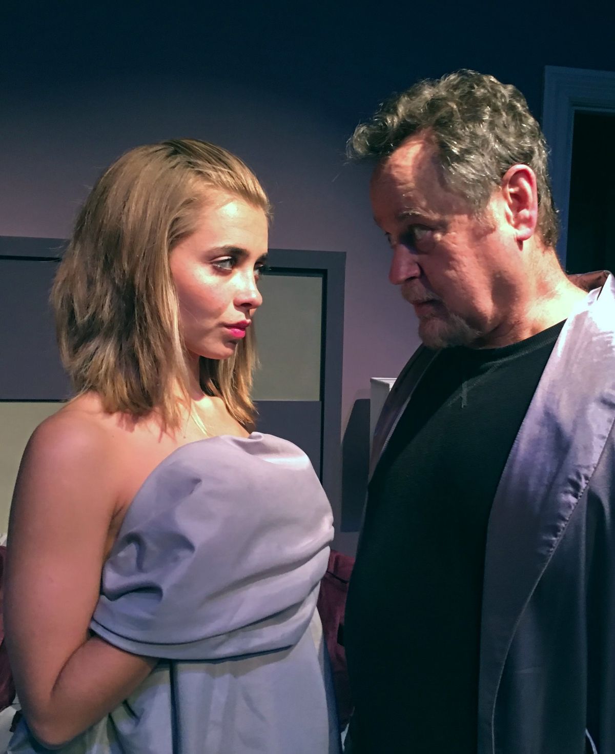 Alternate Reality?  Oliver Foxx (Gregg Berger) wants to know how Gina (Albina Katzman) got into his bed in the World Premiere of Albert James Kallis's DeLUSIONAL Affair