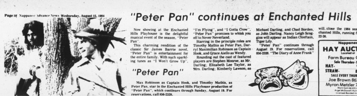 A FEATURE STORY ON "PETER PAN"!: Here's a August 1984 Nappanee Advance-Leader feature story on Darryl Maximilian Robinson as Captain Hook in The Enchanted Hills Playhouse of Syracuse, Indiana revival of the musical "Peter Pan". A FEATURE STORY ON "PETER PAN"!: Here's a August 1984 Nappanee Advance-Leader feature story on Darryl Maximilian Robinson as Captain Hook in The Enchanted Hills Playhouse of Syracuse, Indiana revival of the musical "Peter Pan".