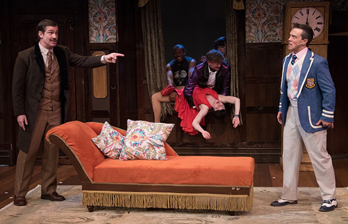 Pictured (Left to Right): Gil Brady as Chris, Jacqueline Jarrold as Sandra, Freddie Lee Bennett as Trevor, Timothy C Goodwin as Jonathan, and Jordan Ahnquist as Max. Photo by John Jones. Pictured (Left to Right): Gil Brady as Chris, Jacqueline Jarrold as Sandra, Freddie Lee Bennett as Trevor, Timothy C Goodwin as Jonathan, and Jordan Ahnquist as Max. Photo by John Jones.