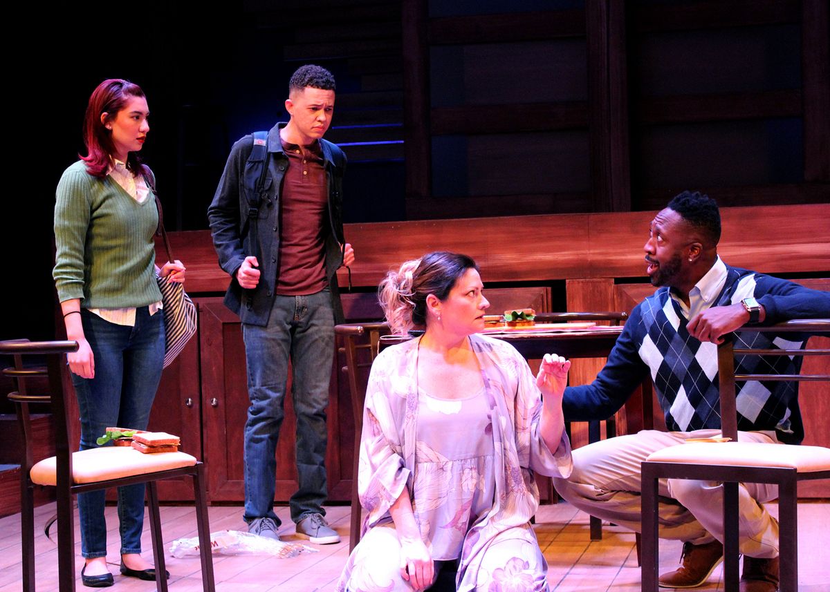 Angie Chavez, Jaylen Baham, Jocelyn A. Brown, and Tym Brown in "Next to Normal," the Pulitzer Prize-winning musical by Tom Kitt and Brian Yorkey. Directed by Matthew McCray, with music direction by Stephen Hulsey, this brave and groundbreaking musical plays January 28 - February 27, 2022 at the Bette Aitken theater arts Center. Photo by Camryn Long. 