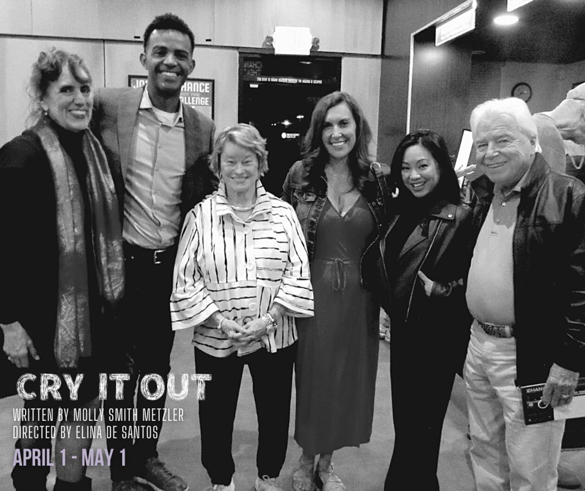 Elina de Santos, Seyto James, Bette Aitken, Aubrey Saverino, Angel Dumapias, and Wylie Aitken at the Design Preview Party reception. "Cry it Out runs at Chance theater at Bette Aitken theater arts in Anaheim, CA Center April 1 - May 1, 2022. Photo Credit; Camryn Long