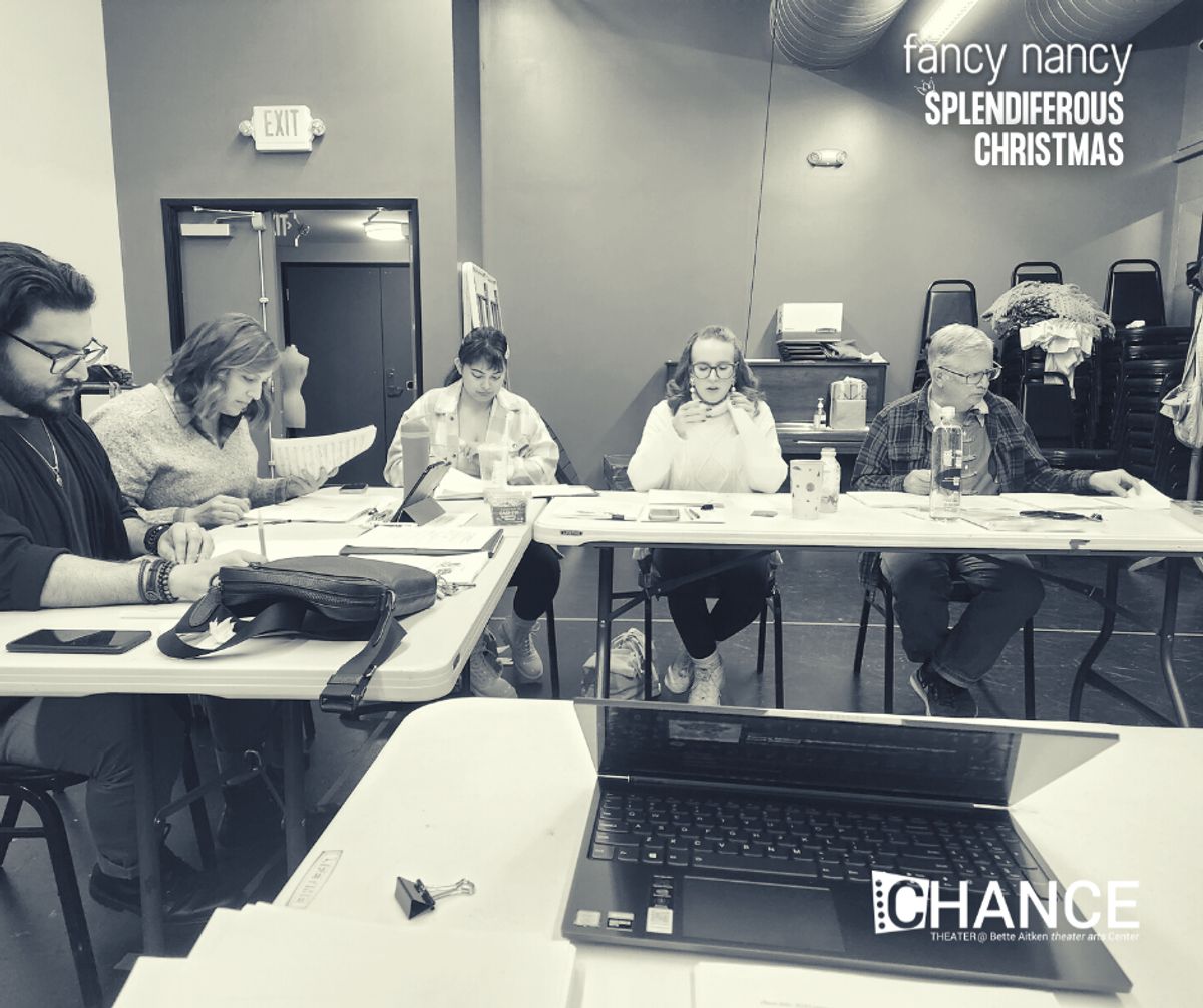 Abel Miramontes, Jenny Jacobs, Shai Culver, Angela Griswold, and Robin Walton during the first read through of "Fancy Nancy Splendiferous Christmas," running December 9 - 23, 2022 on the Fyda-Mar Stage at chance Theater Bette Aitken theater arts Center in Anaheim, CA.