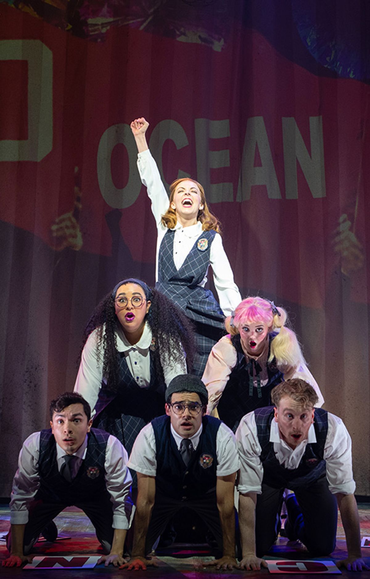 (top row) Shinah Hey (Ocean O’Connell Rosenberg), (second row) Gabrielle Dominique (Constance Blackwood), Ashlyn Maddox (Jane Doe), (bottom row) Nick Martinez (Noel Gruber), Matthew Boyd Snyder (Ricky Potts), and Eli Mayer (Mischa Bachinski) in Ride the Cyclone running January 13 through February 19 at Arena Stage at the Mead Center for American Theater. Photo by Margot Schulman.
(top row) Shinah Hey (Ocean O’Connell Rosenberg), (second row) Gabrielle Dominique (Constance Blackwood), Ashlyn Maddox (Jane Doe), (bottom row) Nick Martinez (Noel Gruber), Matthew Boyd Snyder (Ricky Potts), and Eli Mayer (Mischa Bachinski) in Ride the Cyclone running January 13 through February 19 at Arena Stage at the Mead Center for American Theater. Photo by Margot Schulman.