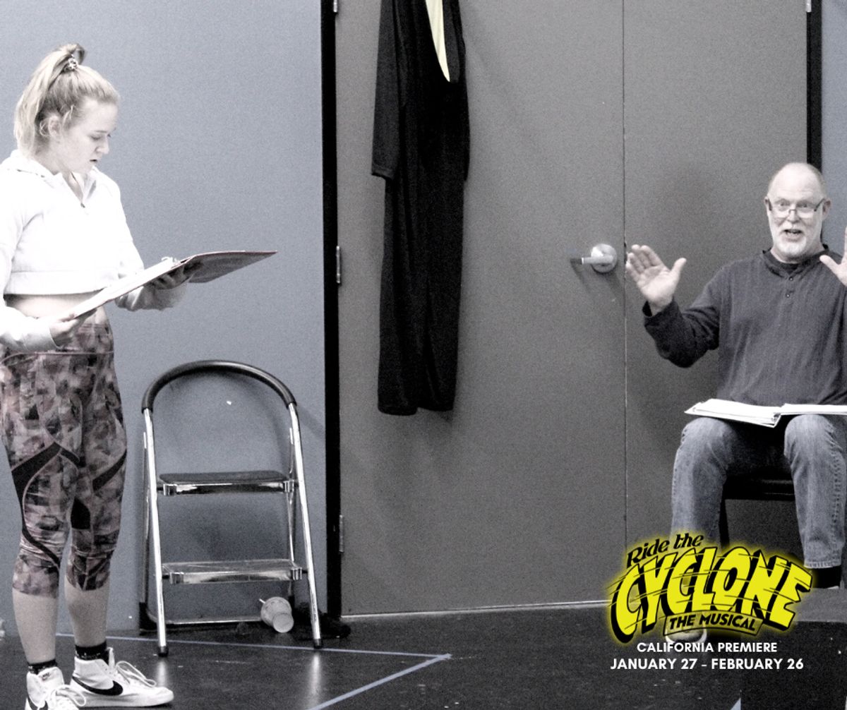 Haley Wolff as Ocean O'Connell Rosenberg and Robert Foran as The Amazing Karnak in rehearsal for the California premiere of "Ride the Cyclone" at Chance Theater in Anaheim, CA. Book, music, and lyrics by Jacob Richmond & Brooke Maxwell, directed by Jocelyn A. Brown, music direction by Lex Leigh, and choreographed by Miguel Cardenas. Playing January 27 - February 26, 2023 at Bette Aitken theater arts Center on the Cripe Stage.
