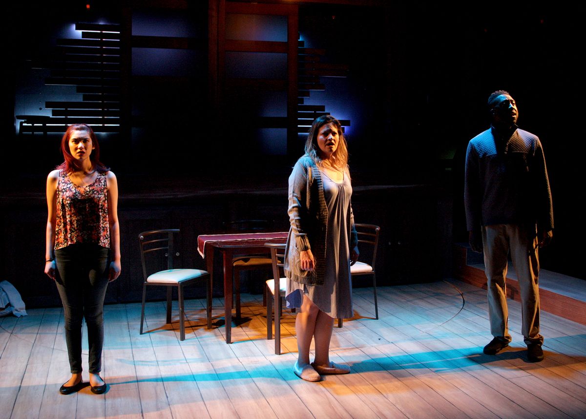 Angie Chavez, Jocelyn A. Brown, and Tym Brown in "Next to Normal," the Pulitzer Prize-winning musical by Tom Kitt and Brian Yorkey. Directed by Matthew McCray, with music direction by Stephen Hulsey, this brave and groundbreaking musical plays January 28 - February 27, 2022 at the Bette Aitken theater arts Center. Photo by Doug Catiller. 