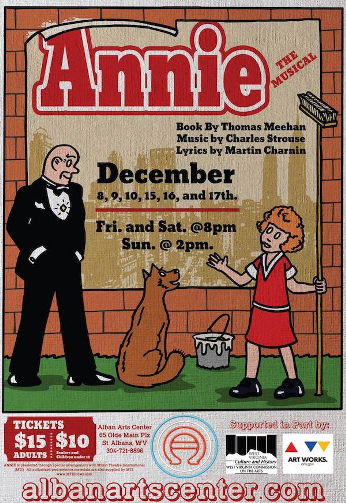 The Annie poster for the Alban Arts Center’s production of Annie the Musical. The Annie poster for the Alban Arts Center’s production of Annie the Musical.