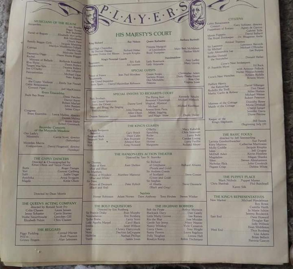 THE CAST OF HIS MAJESTY'S COURT!: at top center is the list of performers ( including Special Guest Darryl Maximilian Robinson as His Eminence, Tomas de Torquemada, The Grand Inquisitor of Spain ) that make up The Cast of Patty Mckenny's and Doug Frew's "Murder, They Quoth" the musical comedy mystery Grand Scenario under the guidance of Artistic Director John T. Mills at the 1986 14th Annual King Richard's Faire of Kenosha, Wisconsin.