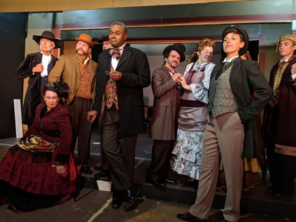 Would Anyone Here Like To Vote For A Murderer?: Joined onstage by the musical mystery's principal whodunees, Darryl Maximilian Robinson ( center ) as The Chairman Mr. William Cartwright and Mayor Thomas Sapsea asks members of the audience who might have undone Sarah Myers ( right ) who plays the title role in Rupert Holmes' 'The Mystery of Edwin Drood'. Photo by Eryn Walanka. Would Anyone Here Like To Vote For A Murderer?: Joined onstage by the musical mystery's principal whodunees, Darryl Maximilian Robinson ( center ) as The Chairman Mr. William Cartwright and Mayor Thomas Sapsea asks members of the audience who might have undone Sarah Myers ( right ) who plays the title role in Rupert Holmes' 'The Mystery of Edwin Drood'. Photo by Eryn Walanka.