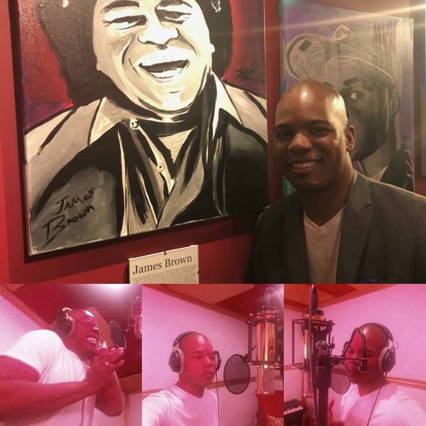 Dedrick Weathersby pose's with a  James Brown pivcture in the studio where it all happened. 4