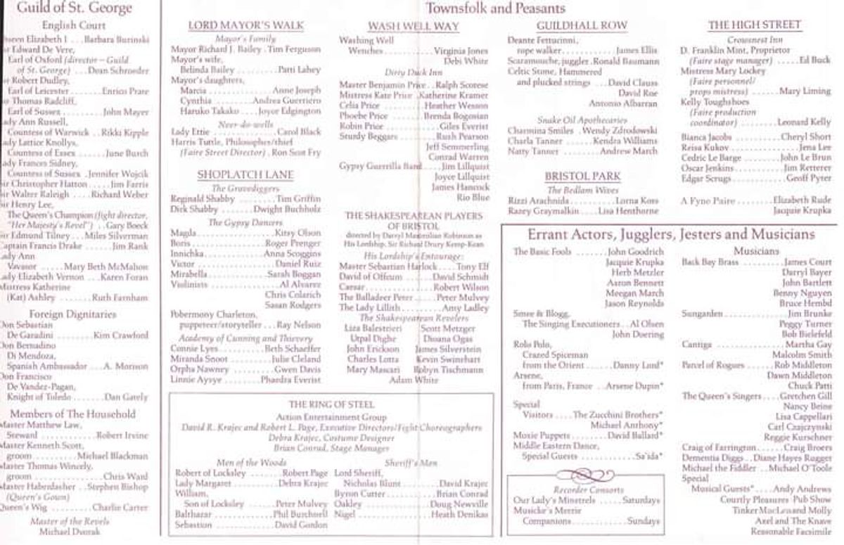 1989 BRISTOL RENAISSANCE FAIRE PROGRAMME LISTING OF DARRYL MAXIMILIAN ROBINSON AS SIR RICHARD DRURY KEMP-KEAN AND THE SHAKESPEAREAN PLAYERS OF BRISTOL!: Peruse the center of the image to view the names of the young performers who would establish the VERY FIRST, IN-HOUSE SHAKESPEAREAN TROUPE OF THE BRISTOL RENAISSANCE FAIRE OF KENOSHA, WISCONSIN!