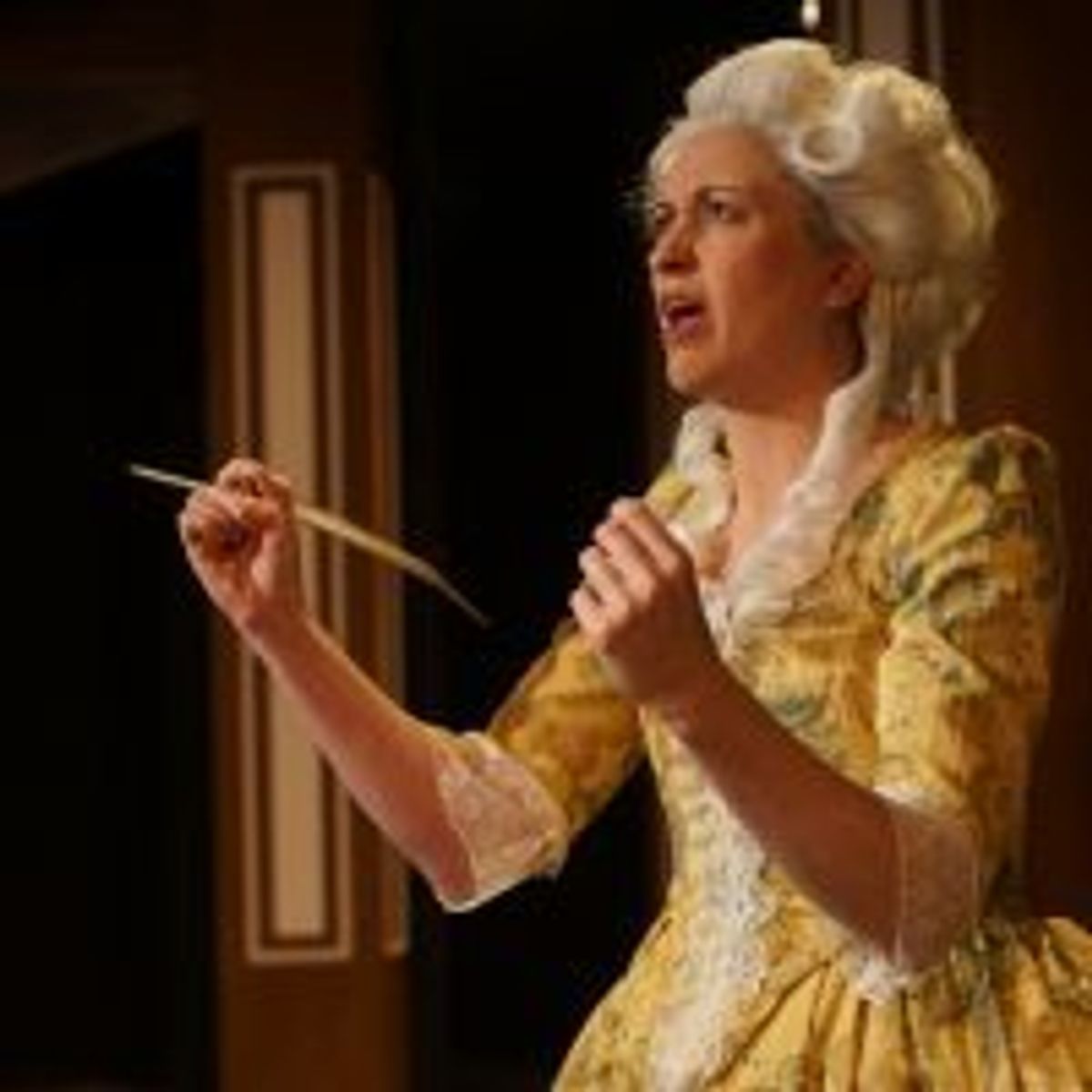 Stephanie Sullivan (Olympe de Gouges) in Organic Theater’s production of The Revolutionists, directed by Bryan Wakefield, assistant director Julia Rufo, May 29 – July 8, 2018. Photo by Anna Gelman.