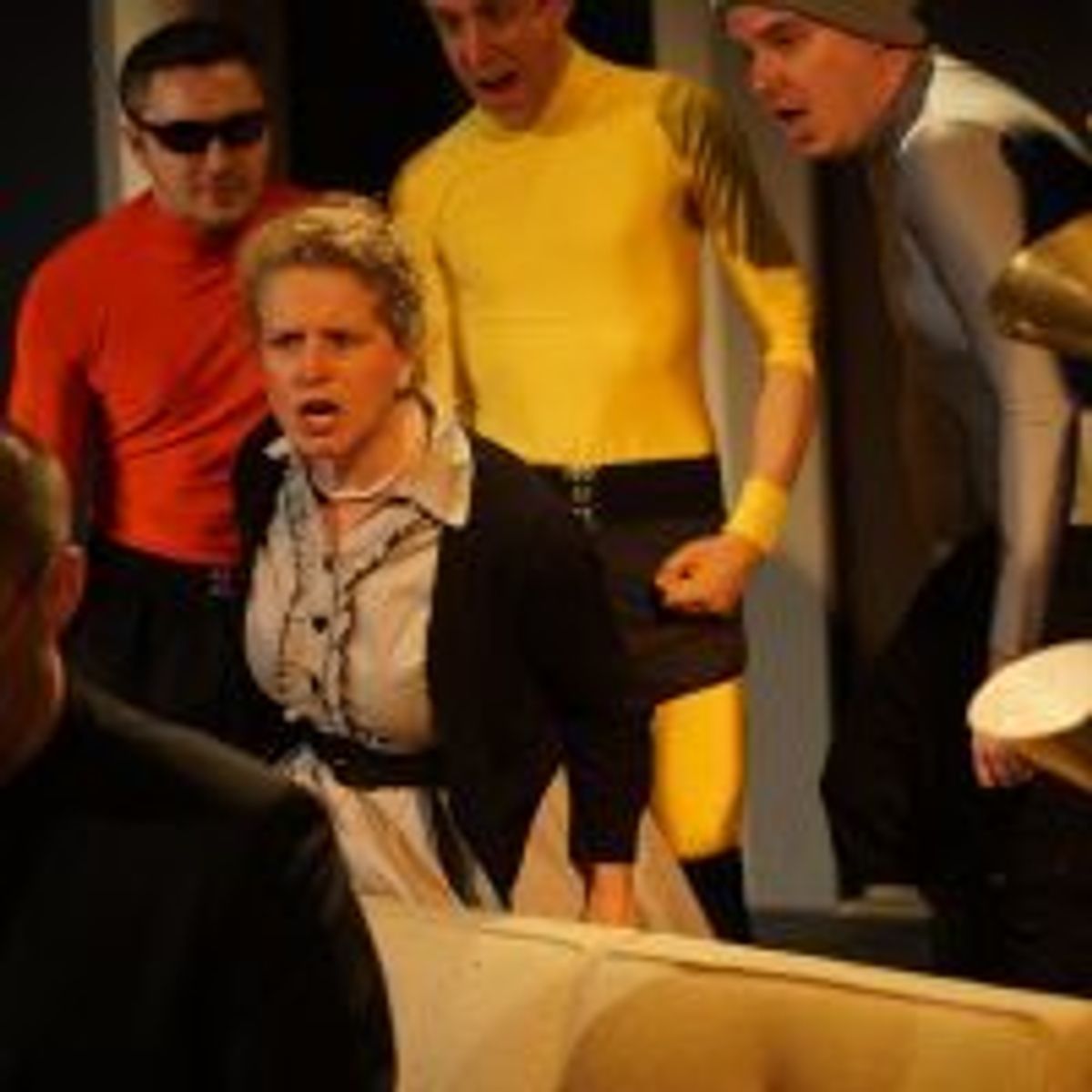 John Arthur Lewis (Troy), Adam Zaininger (Sun), Laura Sturm (Joyce), Will Burdin (Wind), Colin Jackson (Thunder), and Joel Moses (Rain) in Organic Theater’s production of Tiresias Was A Weatherman, directed by Josh Anderson, associate director Anna Gelman, May 31 – July 6, 2018. Photo by Anna Gelman.