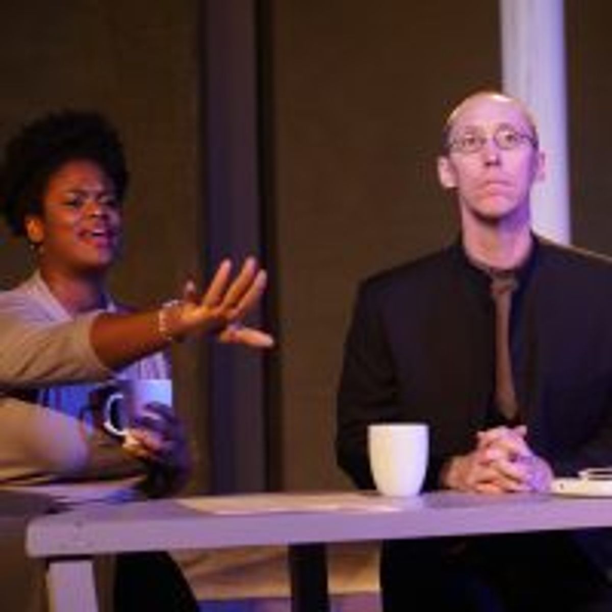 Taylor Raye (Cindy) and John Arthur Lewis (Troy) in Organic Theater’s production of Tiresias Was A Weatherman, directed by Josh Anderson, associate director Anna Gelman, May 31 – July 6, 2018. Photo by Anna Gelman.