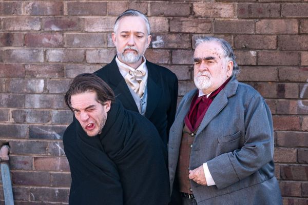 Harley Connor (Left) Plays John Merrick. Nicholas Gledhill (Centre) plays Frederick Treves who rescues Merrick after Ross abandons him. Marty O'Neill (Right) plays Carr Gomm, the administrator of the London Hospital where Merrick is housed. Photo by Emma Wright. 3