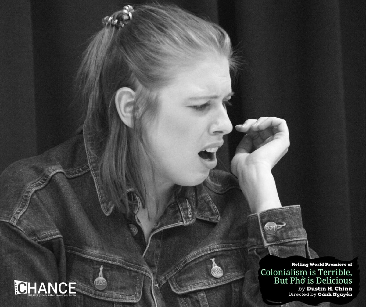 Chloe Gay Brewer at the first read-thru for the rolling world premiere of "Colinialism is Terrible, But Phở is Delicious" at Chance Theater. Photo by Casey Long.
