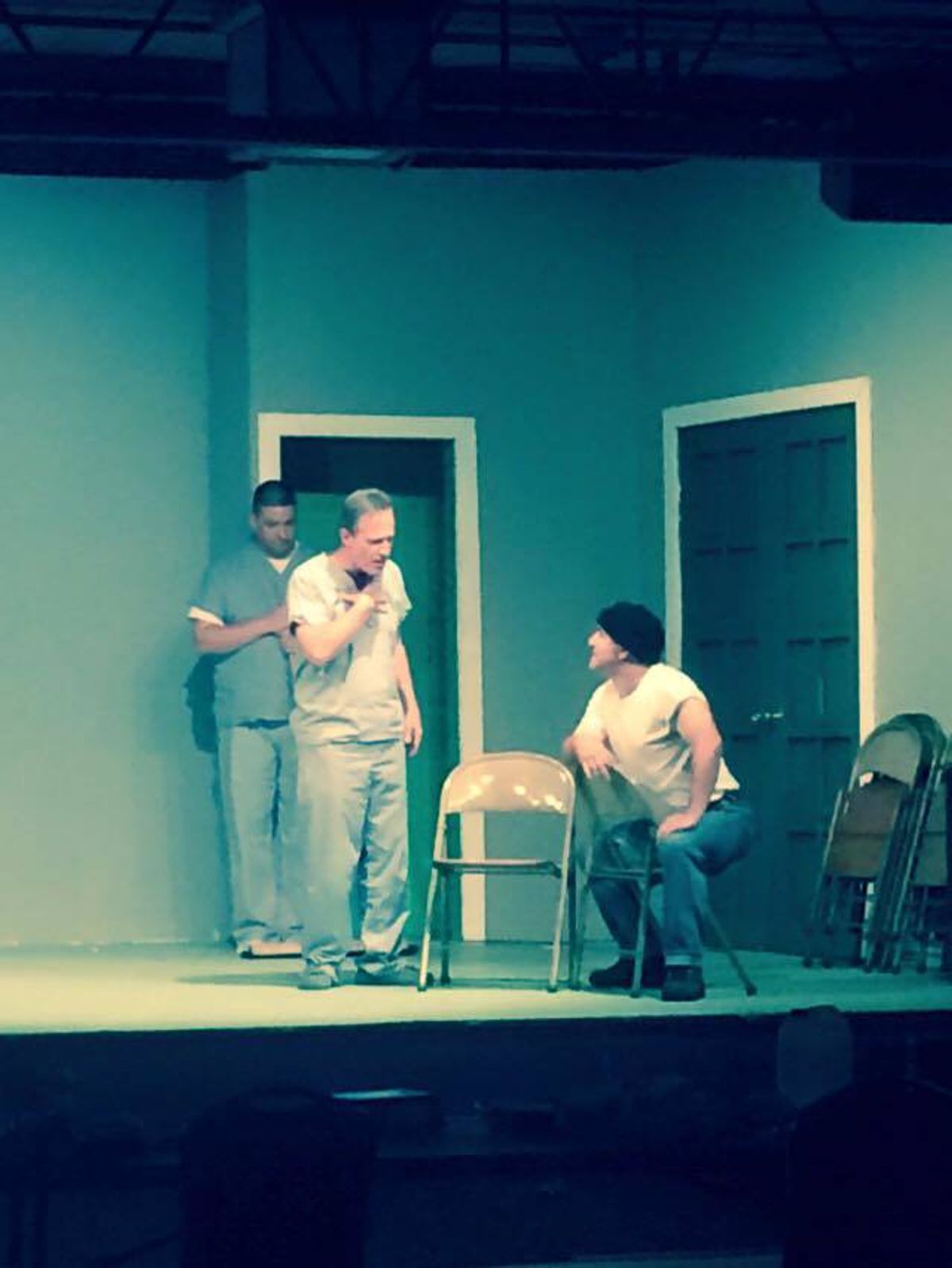 David Klecha as Chief Bromden, Andrew McMechan as Dale Harding, and Scott Wellborn as Randle P. McMurphy.
Photo Credit: Chris Polhill David Klecha as Chief Bromden, Andrew McMechan as Dale Harding, and Scott Wellborn as Randle P. McMurphy.
Photo Credit: Chris Polhill