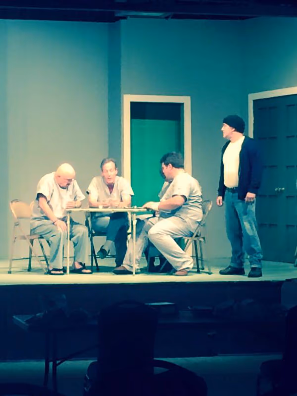 John Tonkovich as Martini, Andrew McMechan as Dale Harding, Aaron Filipski as Billy Bibbit, and Scott Wellborn as Randle P. McMurphy.
Photo Credit: Chris Polhill John Tonkovich as Martini, Andrew McMechan as Dale Harding, Aaron Filipski as Billy Bibbit, and Scott Wellborn as Randle P. McMurphy.
Photo Credit: Chris Polhill