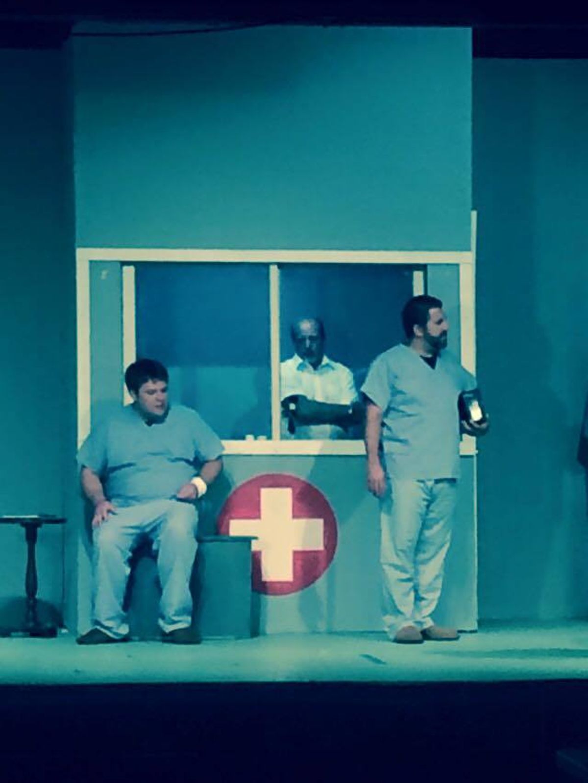 Aaron Filipski as Billy Bibbit, Andy Maxwell as Aide Warren, and Kevin Feber as Scanlon.
Photo Credit: Chris Polhill Aaron Filipski as Billy Bibbit, Andy Maxwell as Aide Warren, and Kevin Feber as Scanlon.
Photo Credit: Chris Polhill