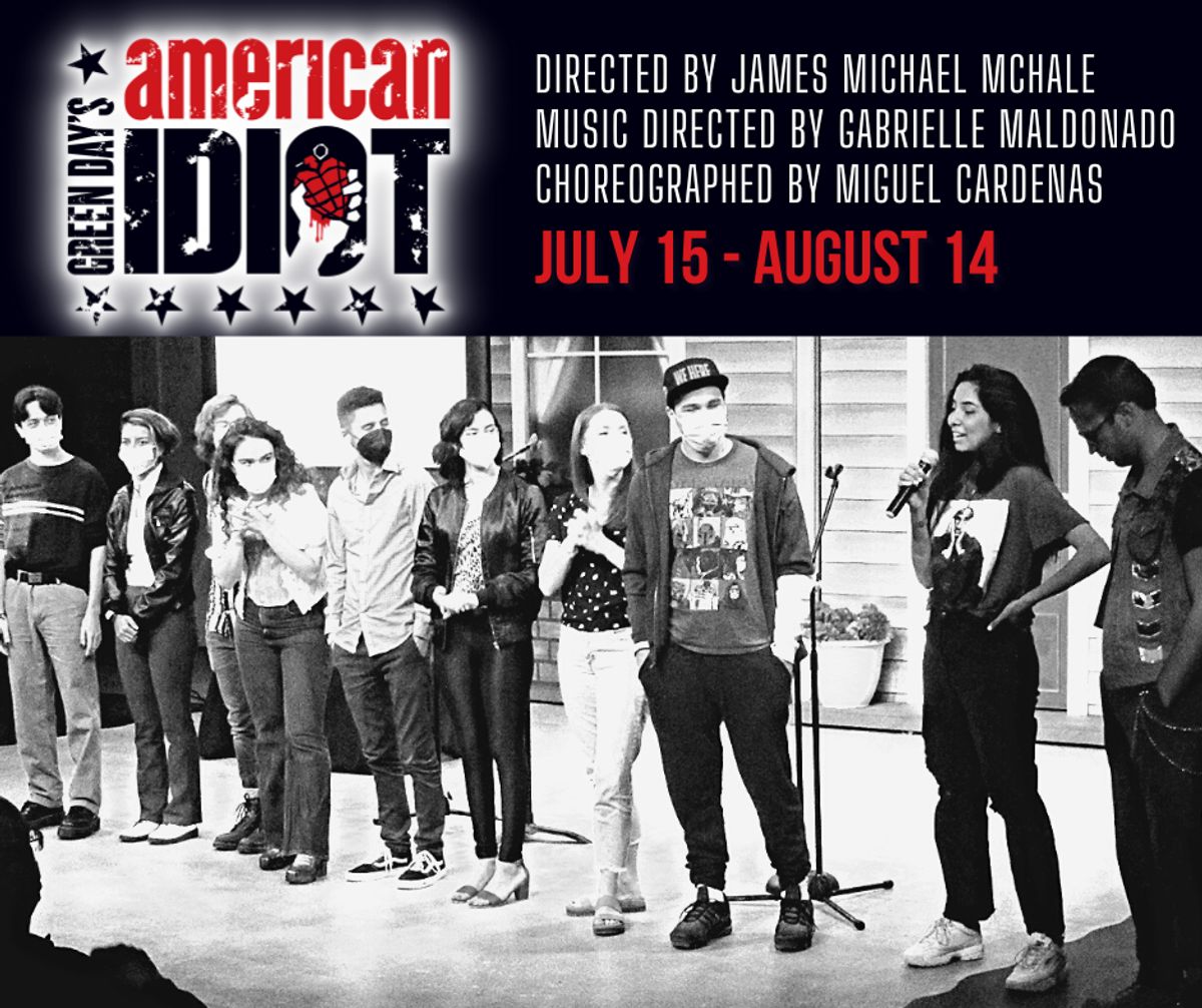 (Right - Left) Wyatt Hatfield, Sophia Barajas, Christopher Diem, Dagmar Marshall-Michelson, Jared Machado, Angie Chavez, Kristin O'Connell, Jack Aitken, Erika Mireya Cruz, and Eric Dobson (the cast) at the "Green Day's American Idiot" Design Preview Party on June 6, 2022. 