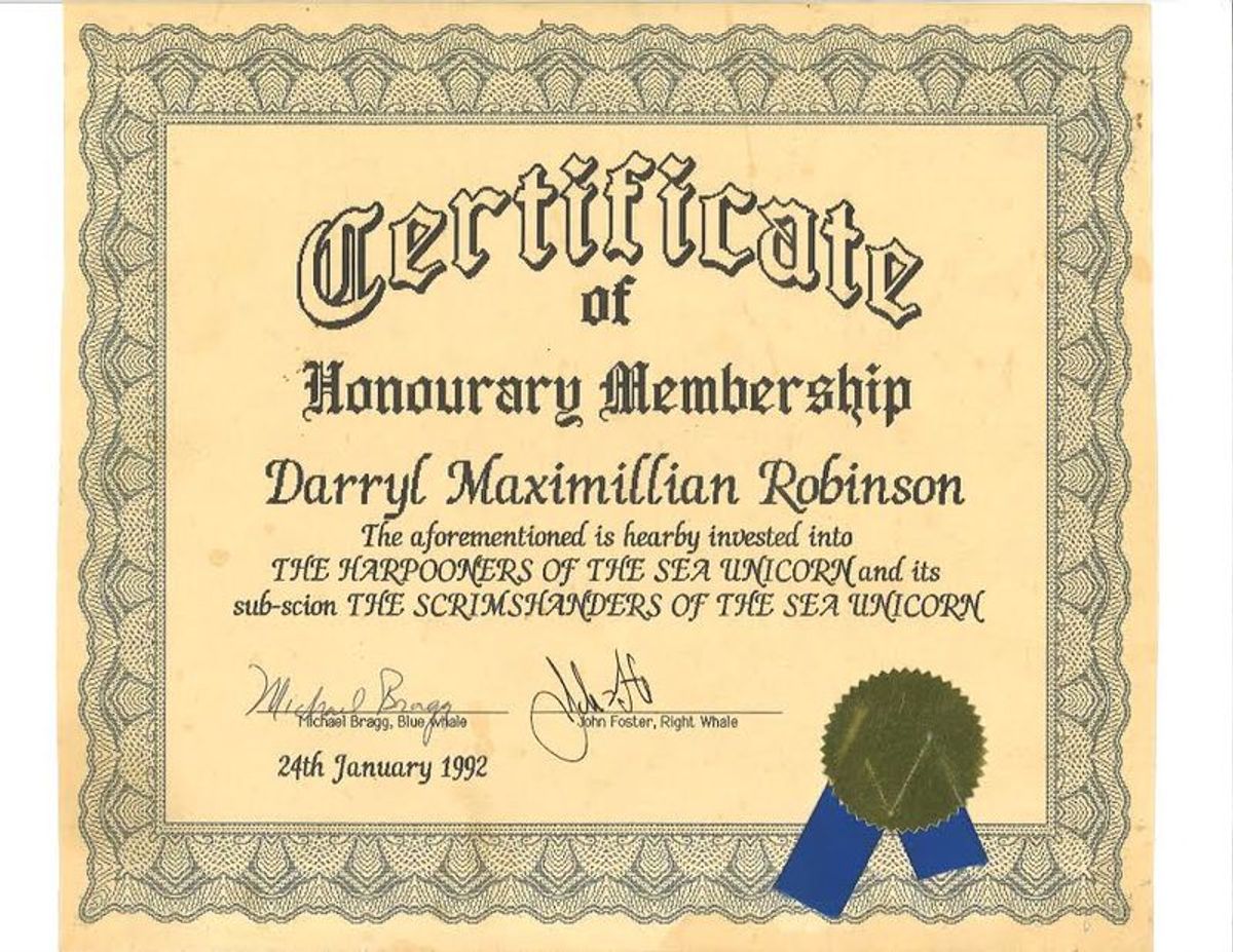 Darryl Maximilian Robinson is winner of a 1992 Harpooners of the Sea Unicorn Certificate of Honourary Membership Award ( from The Sherlock Holmes Society of St. Charles, Missouri  )
for his performance in the title role and staging of Sir Arthur Conan Doyle's "Sherlock Holmes: The Final Problem!" presented at The Midtown Arts Center of St. Louis, Missouri. 