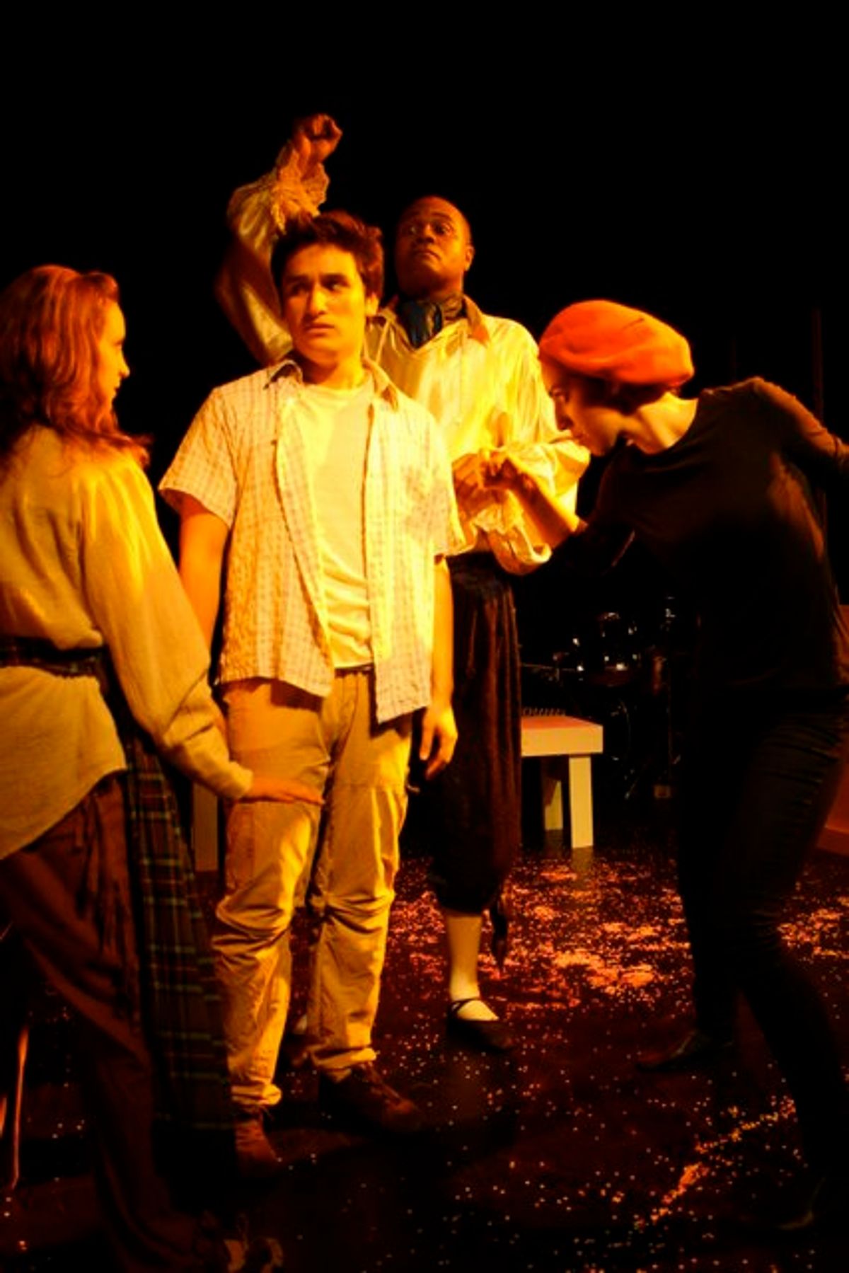 BEYOND THAT ROAD LIES DESPAIR!: Stacy Lynn Baker as Mortima, Michael David as Matt, Darryl Maximilian Robinson as Henry Albertson and Setareh Khatibi as The Mute in the 2010 Tribe Productions 50th anniversary revival production of Tom Jones' and Harvey Schmidt's classic, romantic musical "The Fantasticks" presented at Los Angeles' Complex Theatre as part of the first-ever Hollywood Fringe Festival. BEYOND THAT ROAD LIES DESPAIR!: Stacy Lynn Baker as Mortima, Michael David as Matt, Darryl Maximilian Robinson as Henry Albertson and Setareh Khatibi as The Mute in the 2010 Tribe Productions 50th anniversary revival production of Tom Jones' and Harvey Schmidt's classic, romantic musical "The Fantasticks" presented at Los Angeles' Complex Theatre as part of the first-ever Hollywood Fringe Festival.