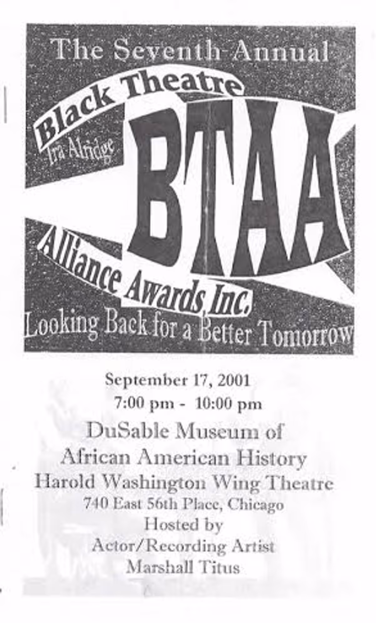 2001 AWARDS SHOW PROGRAM!: Here is the September 2001 Chicago Black Theatre Alliance / Ira Aldridge Awards ceremony program cover which includes the nomination listing of "Actor's Choice" Guest Actor and Director Darryl Maximilian Robinson for Best Direction for The Excaliber Shakespeare Company of Chicago revival staging of Le Roi Jones' "The Dutchman."