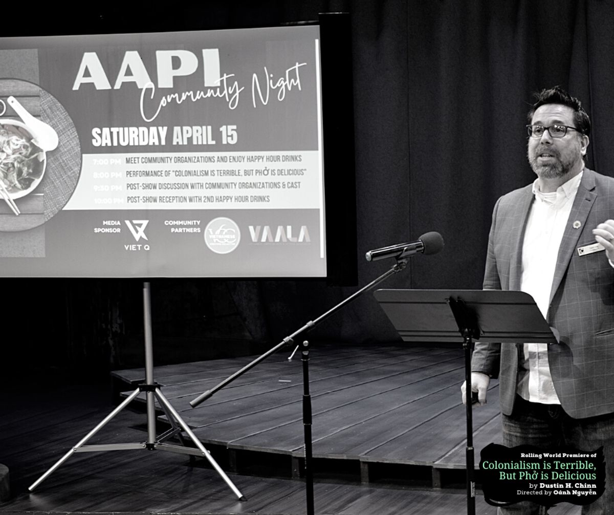 Founding Artist Casey Long talks about the upcoming AAPI Night at the Design Preview Party for rolling world premiere of "Colonialism is Terrible But Phở is Delicious" at Chance Theater. Photo by Daniel Meyers.
