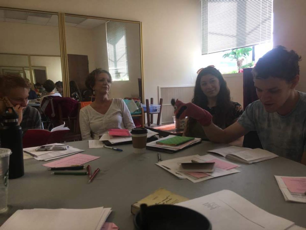 First rehearsal of Hand to God with part of the cast - Sarah Lucht* (Margery) AEA Member,  Olivia Weiss (Jessica/Jolene)