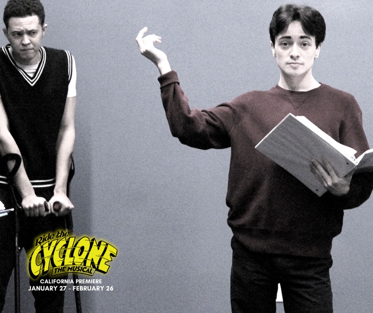 Jaylen Baham as Ricky Potts and Wyatt Hatfield as Noel Gruber in rehearsal for the California premiere of "Ride the Cyclone" at Chance Theater in Anaheim, CA. Book, music, and lyrics by Jacob Richmond & Brooke Maxwell, directed by Jocelyn A. Brown, music direction by Lex Leigh, and choreographed by Miguel Cardenas. Playing January 27 - February 26, 2023 at Bette Aitken theater arts Center on the Cripe Stage.