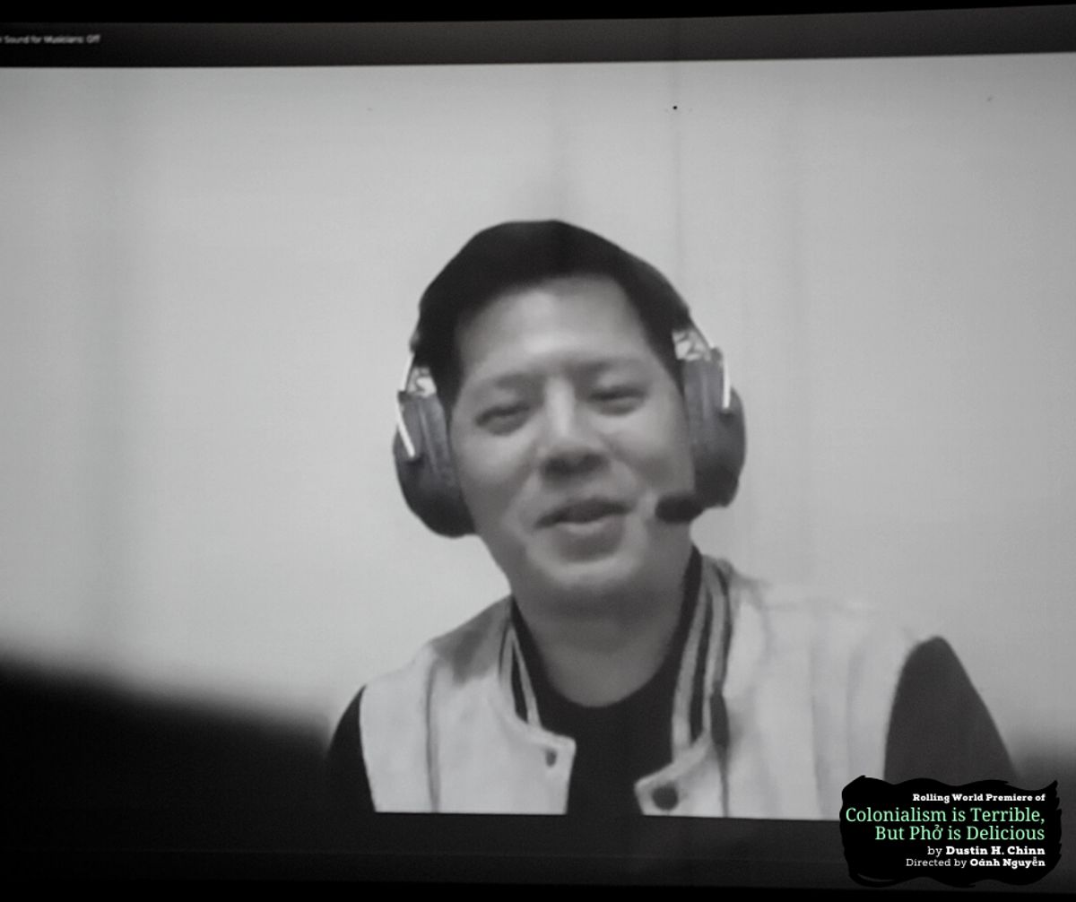 Playwright Dustin H. Chinn calling in via Zoom at the Design Preview Party for rolling world premiere of "Colonialism is Terrible But Phở is Delicious" at Chance Theater. Photo by Daniel Meyers.