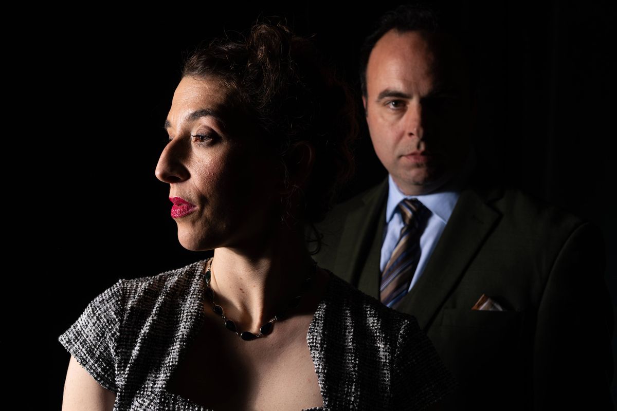 Tony (George Psarras, member, Actors' Equity Association) suspects that his wife is stepping out on him with Maxine (Maria Marquis) in Dial M for Murder. Photo by Christian Pizzirani. Tony (George Psarras, member, Actors' Equity Association) suspects that his wife is stepping out on him with Maxine (Maria Marquis) in Dial M for Murder. Photo by Christian Pizzirani.