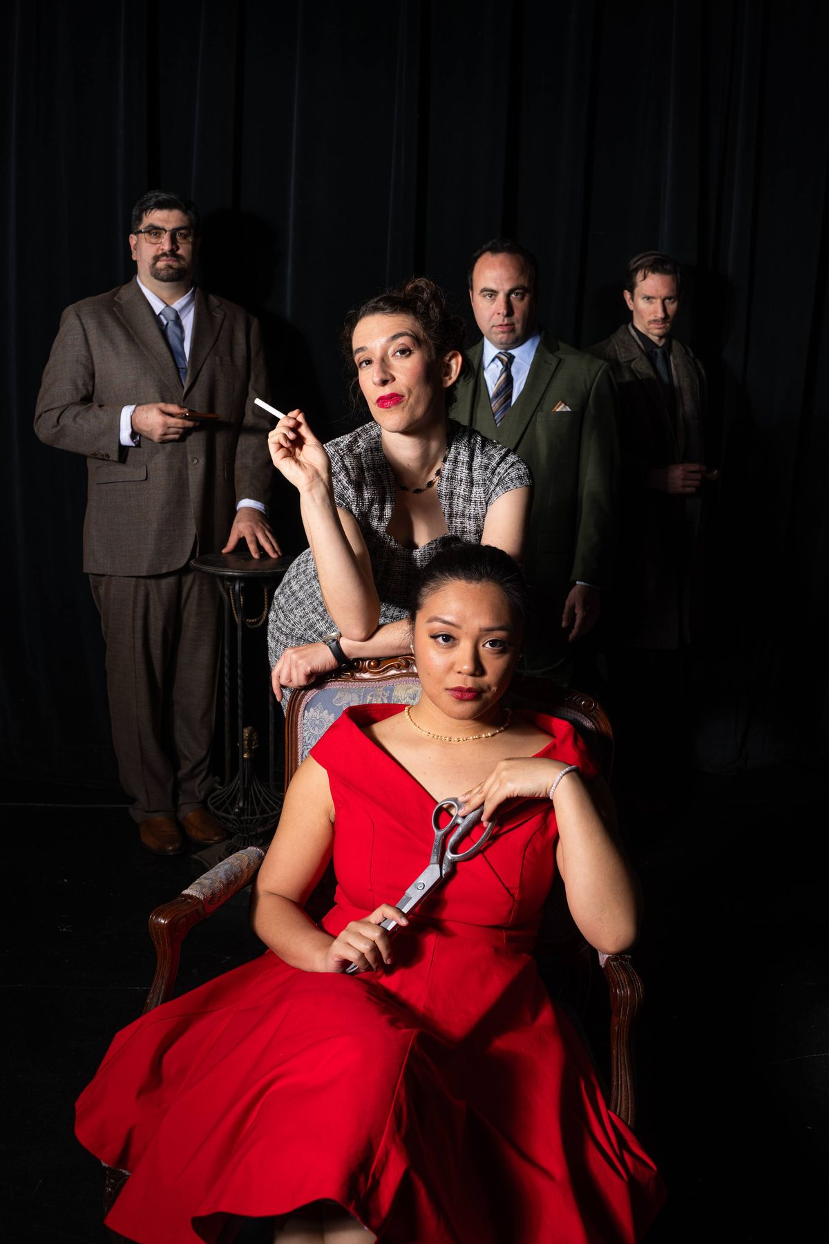 The cast of Dial M for Murder. Back row, from left: Nick Mandracchia, George Psarras (member, Actors' Equity Association) and Drew Benjamin Jones. Center: Maria Marquis. Front: Gwynnevere Cristobal. P The cast of Dial M for Murder. Back row, from left: Nick Mandracchia, George Psarras (member, Actors' Equity Association) and Drew Benjamin Jones. Center: Maria Marquis. Front: Gwynnevere Cristobal. P